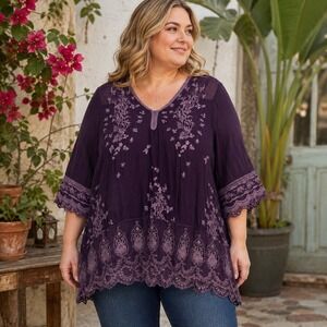 Johnny Was Purple Embroidered Eyelet Lace Tunic Blouse Plus Size 3X Cupra Rayon